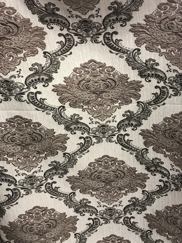 Regal velvet damask drapes with intricate floral patterns in cream and dark chocolate tones, elegantly draped to frame a window, exuding timeless sophistication and refined luxury.