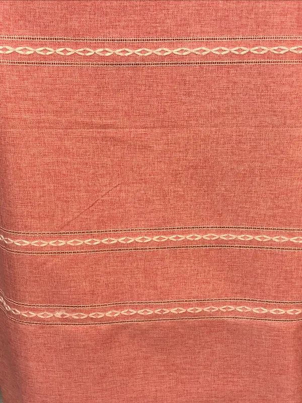 Terracotta linen drape with delicate hemstitch detailing, softly draping in natural light, evoking rustic elegance and warm, earthy tones in a serene interior setting.