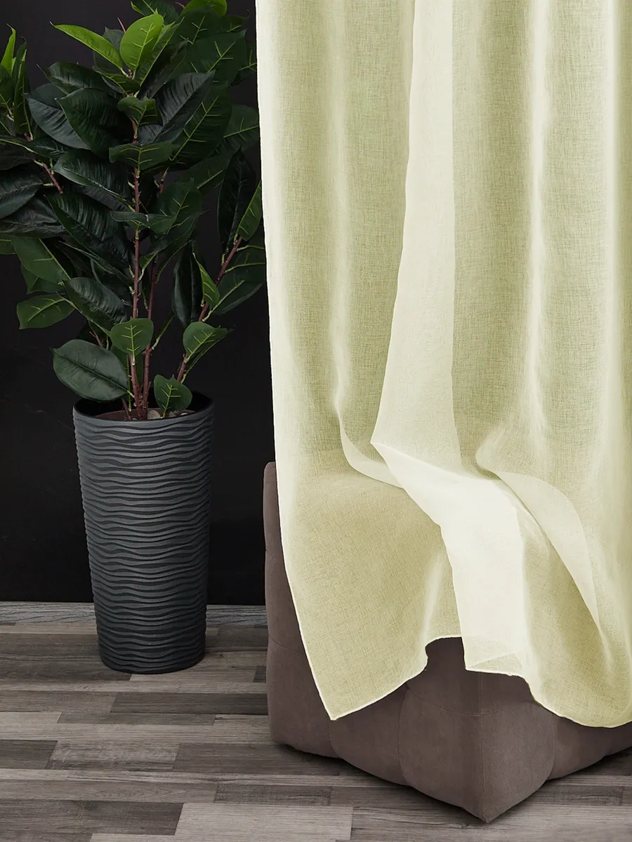 Лёгкий тюль нежно-зелёного оттенка висит на окне, мягко пропуская свет. Рядом — высокое растение в тёмном горшке, на фоне тёмной стены. Деревянный пол и мягкий диван создают уютную атмосферу. Свет падает сквозь ткань, создавая тёплую игру теней.