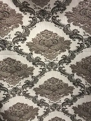 Regal velvet damask drapes with intricate floral patterns in cream and dark chocolate tones, elegantly draped to frame a window, exuding timeless sophistication and refined luxury.